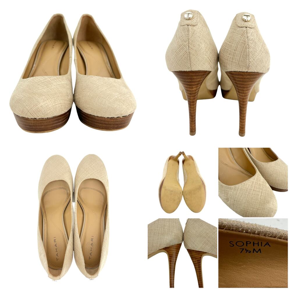 Tahari (7.5) Sophia Cream Waxed Burlap Stacked Platform Stiletto Pump Heels - Picture 12 of 12